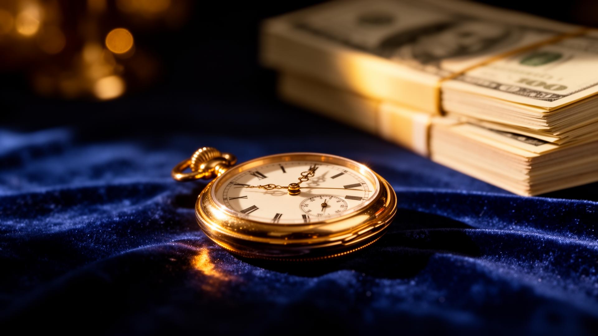 Antique gold pocket watch on navy velvet beside stacks of currency